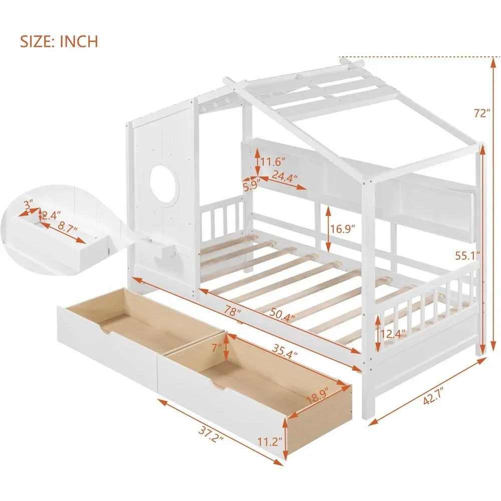 Twin House Bed with Storage Drawers & Bookcase